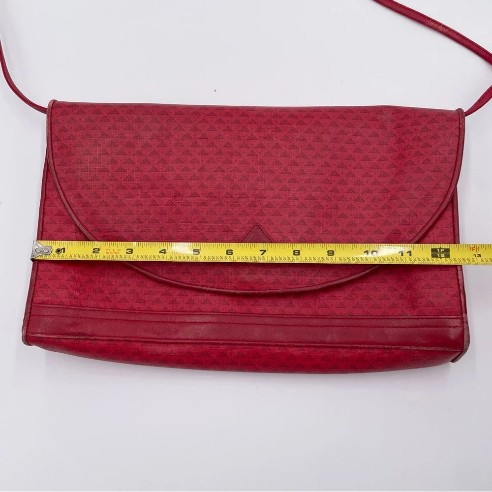 Vintage 1984 Liz Claiborne Red Leather Flap Bag Purse Geometric Print Adjustable